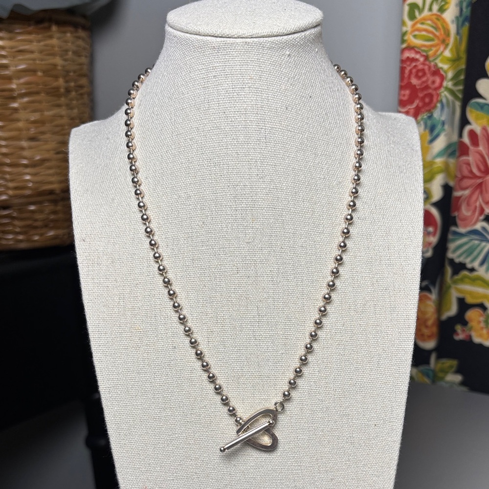 Ball Bead Chain Open Heart T-Bar Toggle Clasp Boule Silver Necklace Stamped - Picture 2 of 8